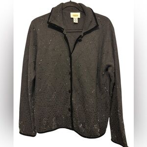 Vintage Talbots Black Beaded Velvet Trim Button Front Angora Lambswool Cardigan